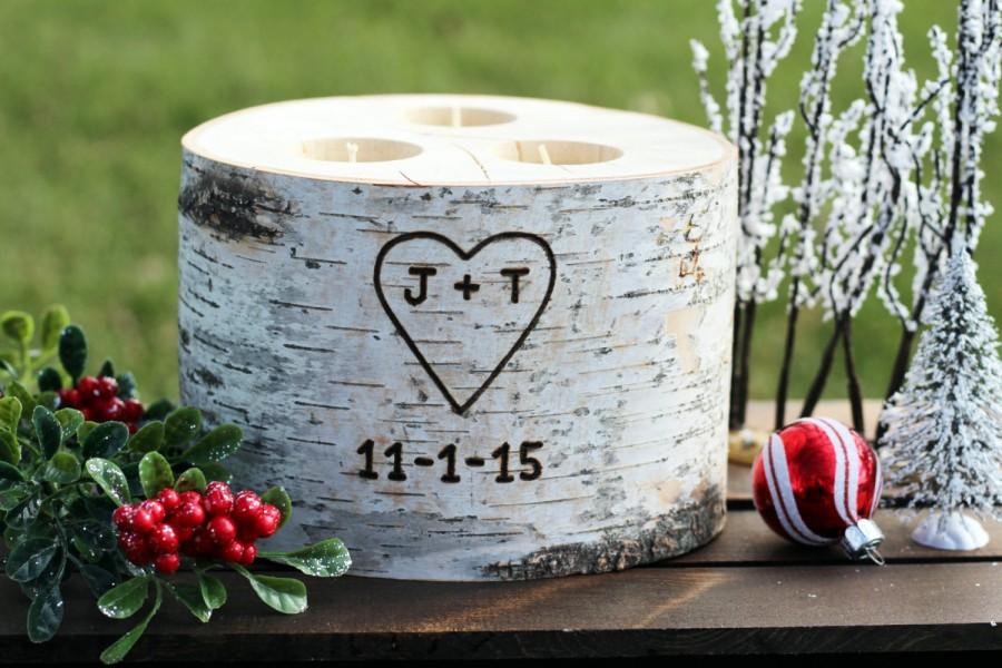 Hochzeit - Romantic Gift, Carved Name, Personalized Monogram, Initials and Wedding Date, Tree Branch Birch Wood Candle Holder