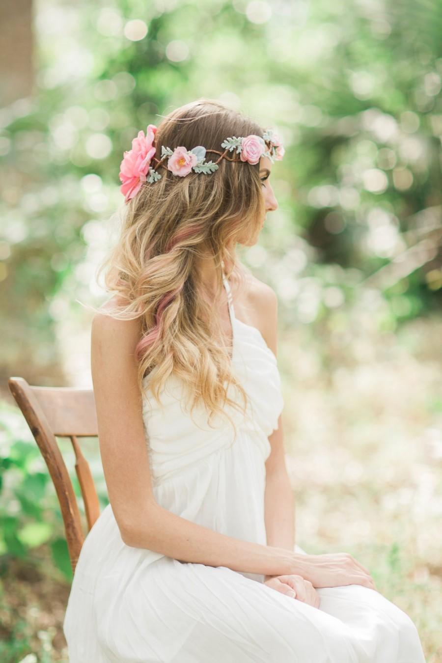 Wedding - The Nicala Flower Crown with wild roses, ranunculus, and dusty miller