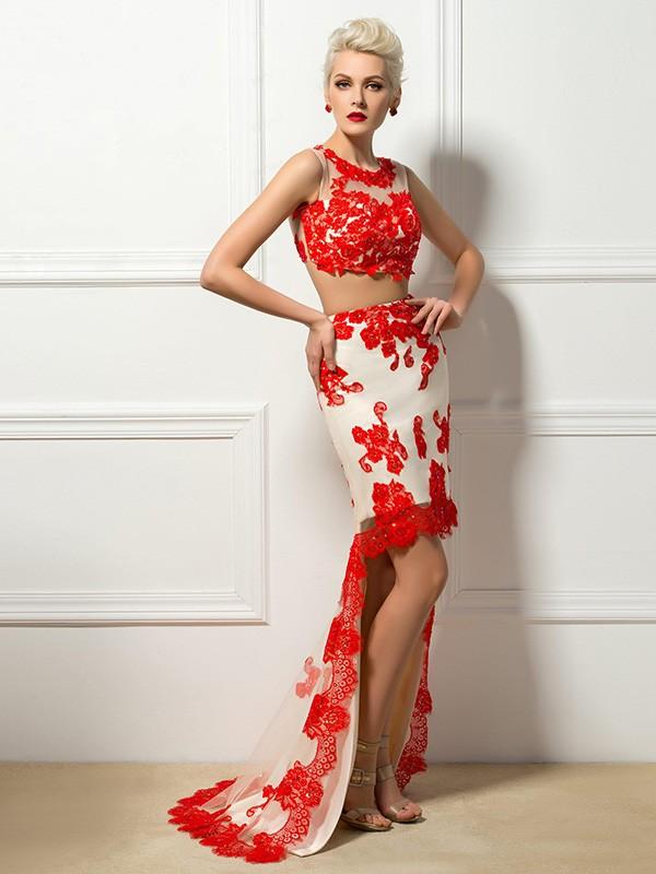 Mariage - Sheath/Column Scoop Sleeveless Satin Applique Asymmetrical Two Piece Dress
