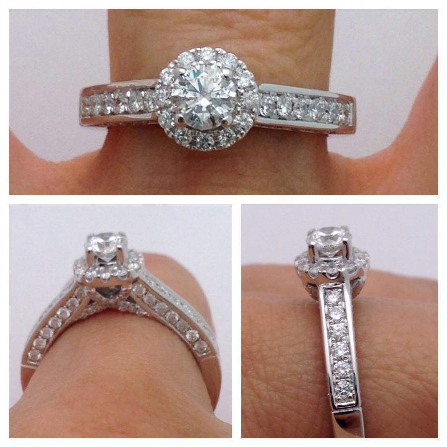 Hochzeit - Round Halo 1 Carat Diamond Engagement Ring - 14K White Gold