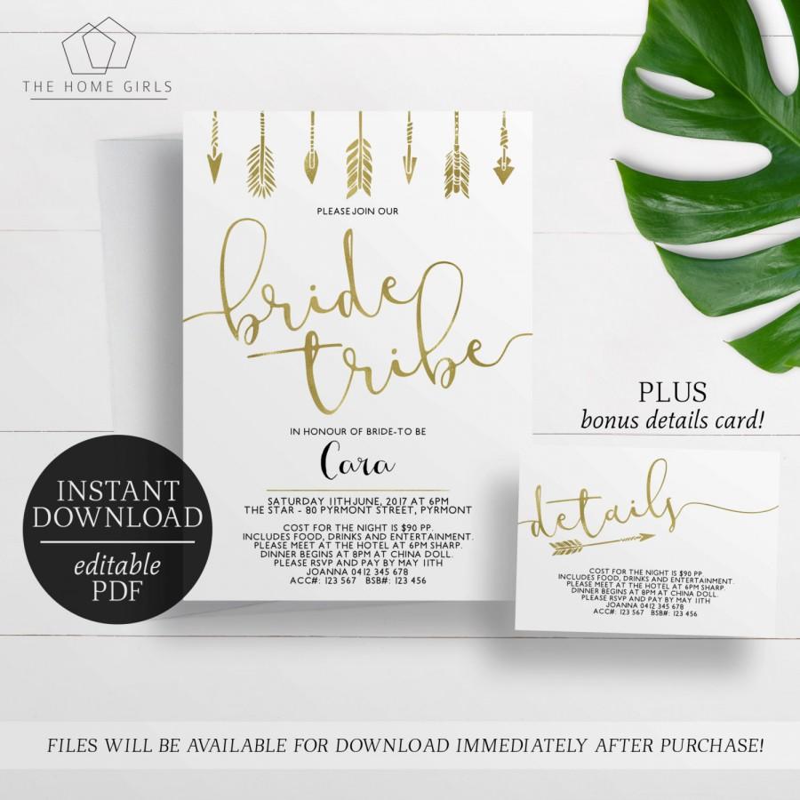 Hochzeit - Printable Bride Tribe Invitation / Editable PDF / Bachelorette / Hens Party / Hens Weekend / Gold Foil / Arrows / Bride Tribe Invitation