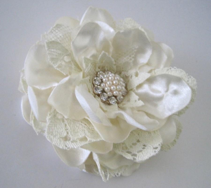 Mariage - Ivory Shantung Satin with Vintage Lace Bridal Hair Clip Bride Bridesmaid with Beautiful Pearl and Rhinestone Accent Bridal Accessories
