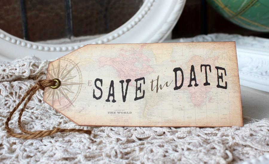 Hochzeit - Vintage Destination Wedding Save the Date  Hinged Shipping Tags Antique World Map and Compass Set of 10