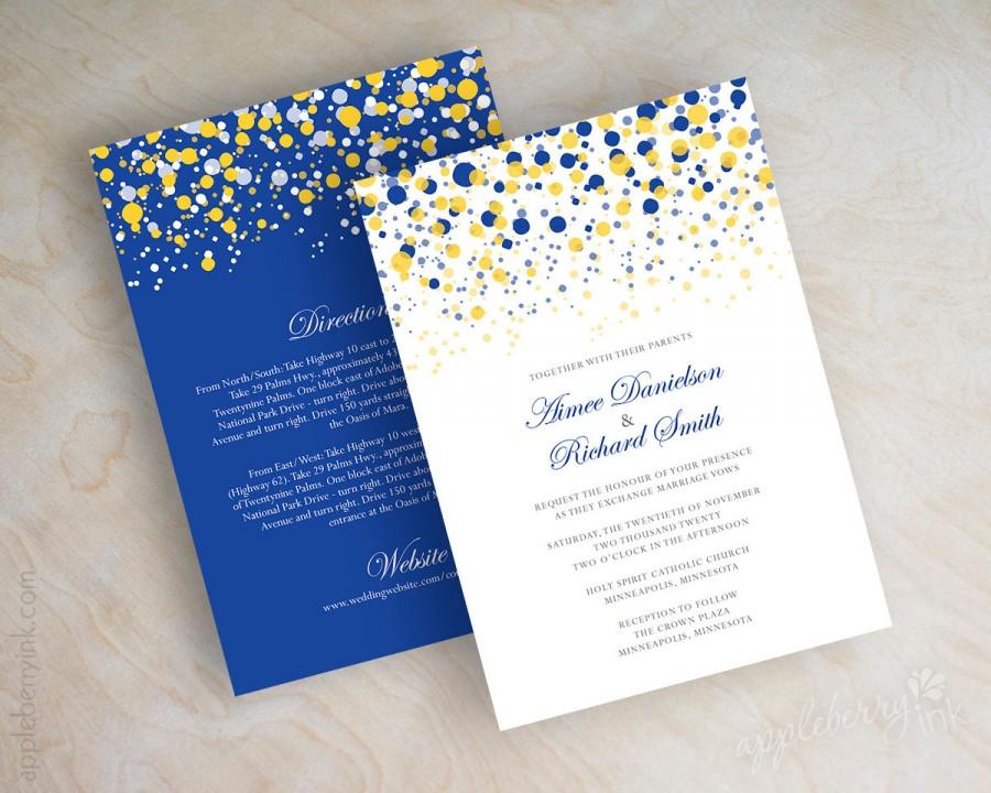 Blue And Yellow, Gold, Polka Dot Wedding Invitation