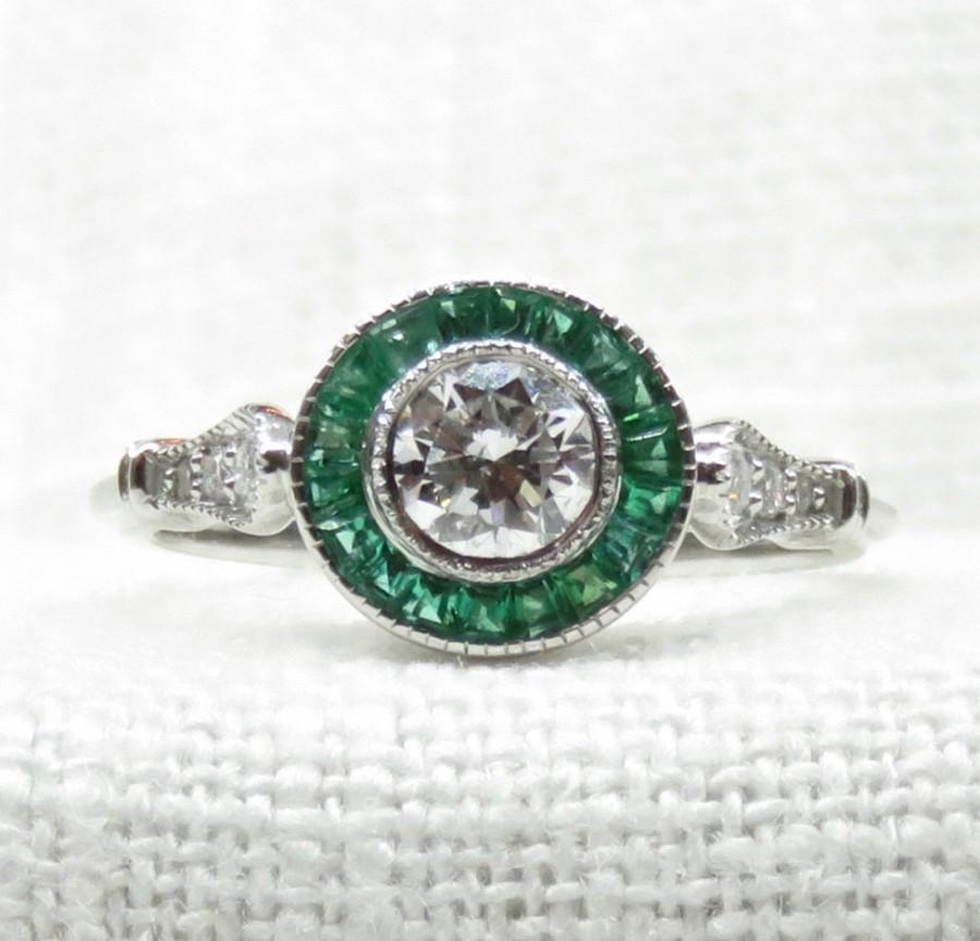 زفاف - Art Deco Style 14K Gold Diamond and Emerald Halo Engagement Ring 1.27 Carats