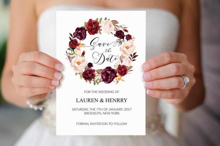 Wedding - Burgundy Rose Wreath Wedding Save the Date Template, Printable Wedding Save the Date Card, Floral Rustic Boho Chic, Winter Wedding, DIY PDF