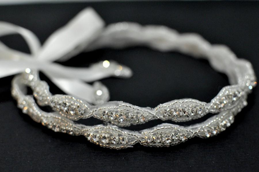 Hochzeit - Ready to ship - Double Beaded Trim in Silver Headbands - Wedding Headpiece - Ribbon - Crystal -Bridal - Wedding - Rhinestone headband