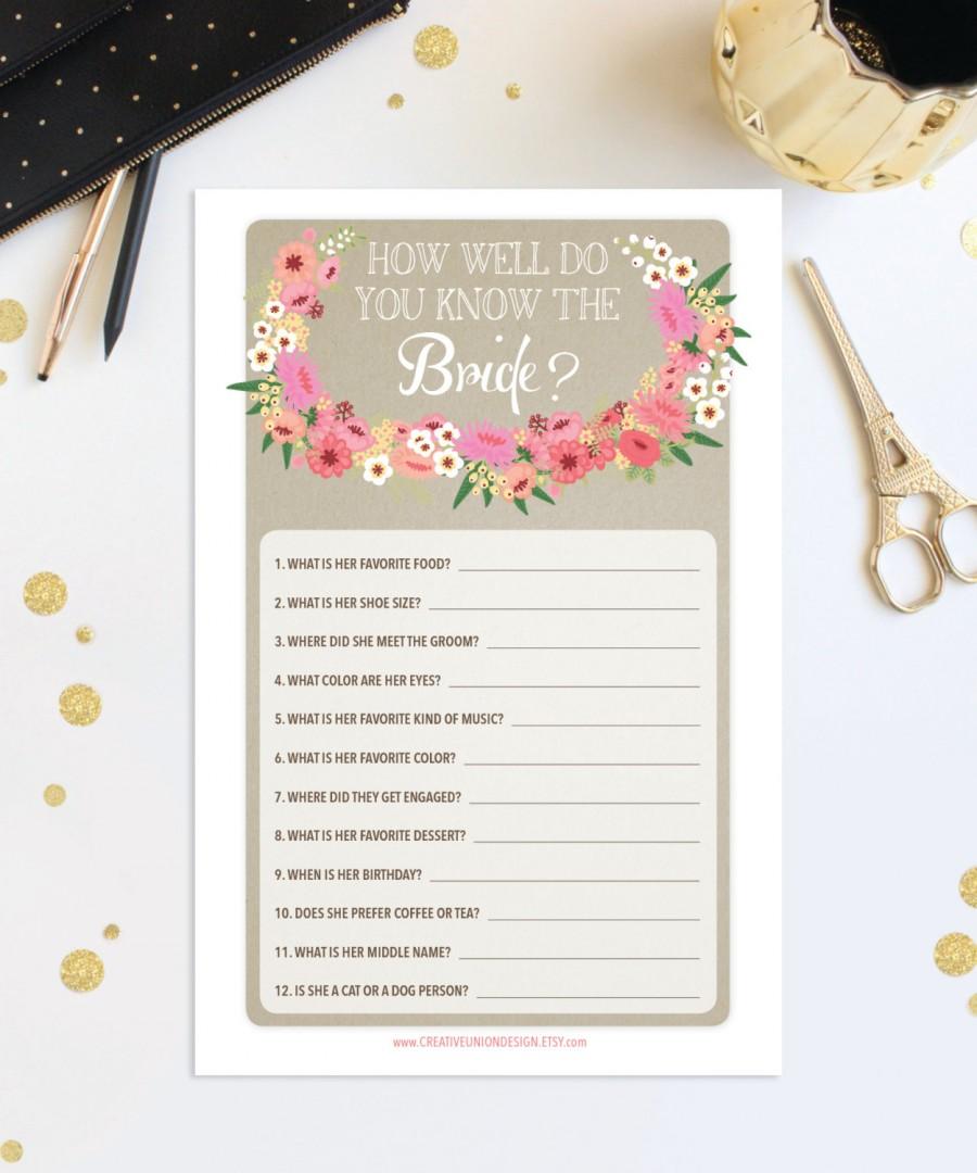 Mariage - How Well Do You Know The Bride - Bridal Shower Game - Wedding Shower - Floral - Print at Home Game - Instant Download