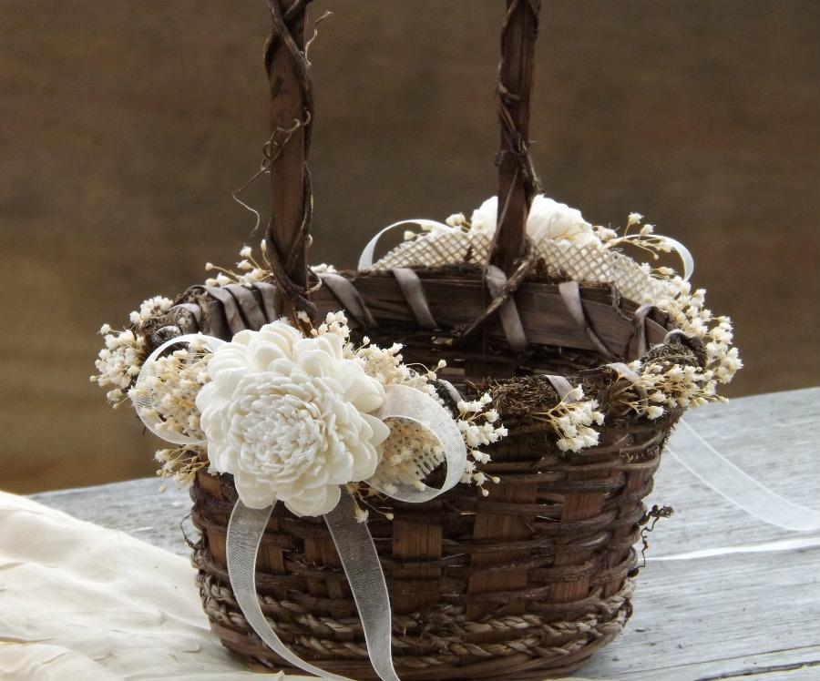 Mariage - Rustic Flower Girl Basket Sola Flowers with Burlap Round Twig Basket Barn Wedding Made to Order Please Read Item Details