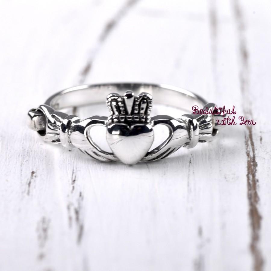 Mariage - Celtic Claddagh Ring Silver, Faith Friendship Ring, White Gold Plated Silver Claddagh Ring Irish Celtic Ring, Heart Claddagh Ring