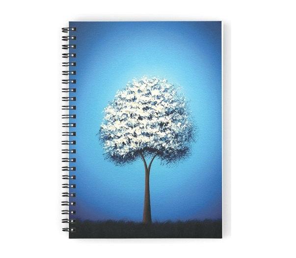 Hochzeit - Blue and White Spiral Journal, Lined Planner, Stylish Notebook, White Tree Notebook, Pretty Diary, Ruled Journal, Winter Gift, Writing Pad