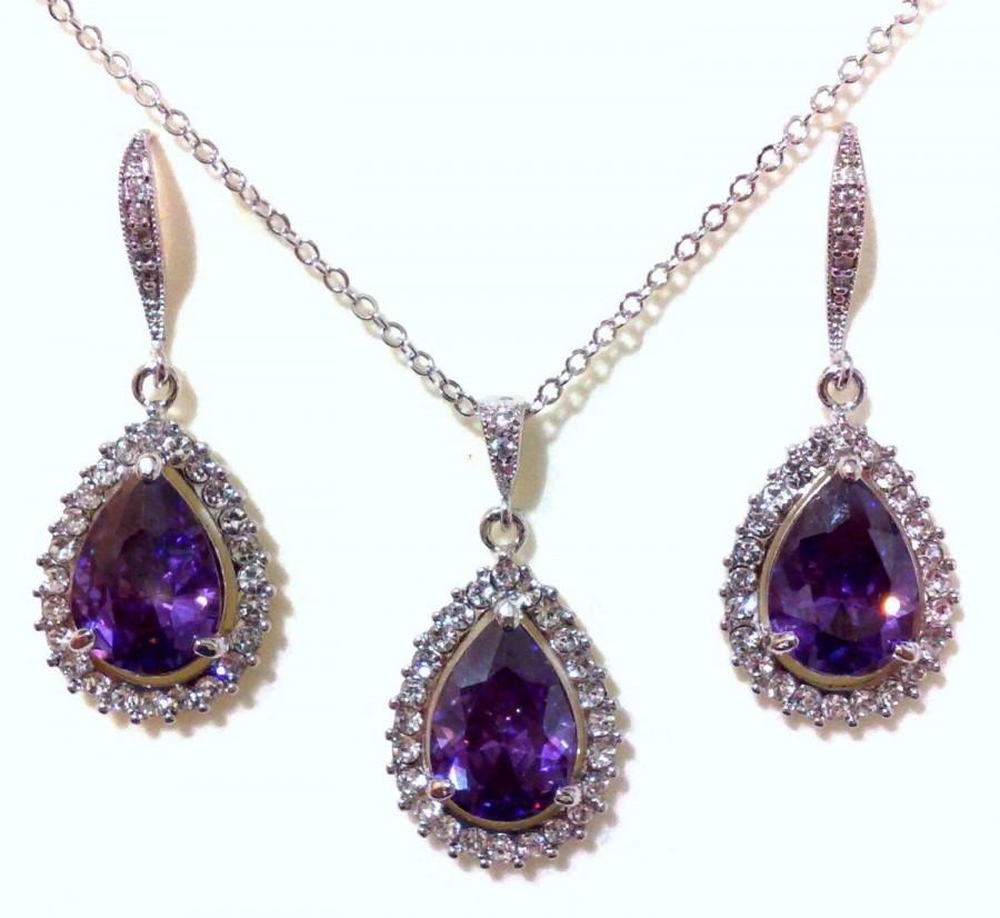 Hochzeit - Purple Bridal Jewelry Set, Cz Dangle Bridal Earrings, Teardrop Bridal Necklace, Crystal Bridesmaid Earrings, Bridesmaid Necklace, MANDOLIN