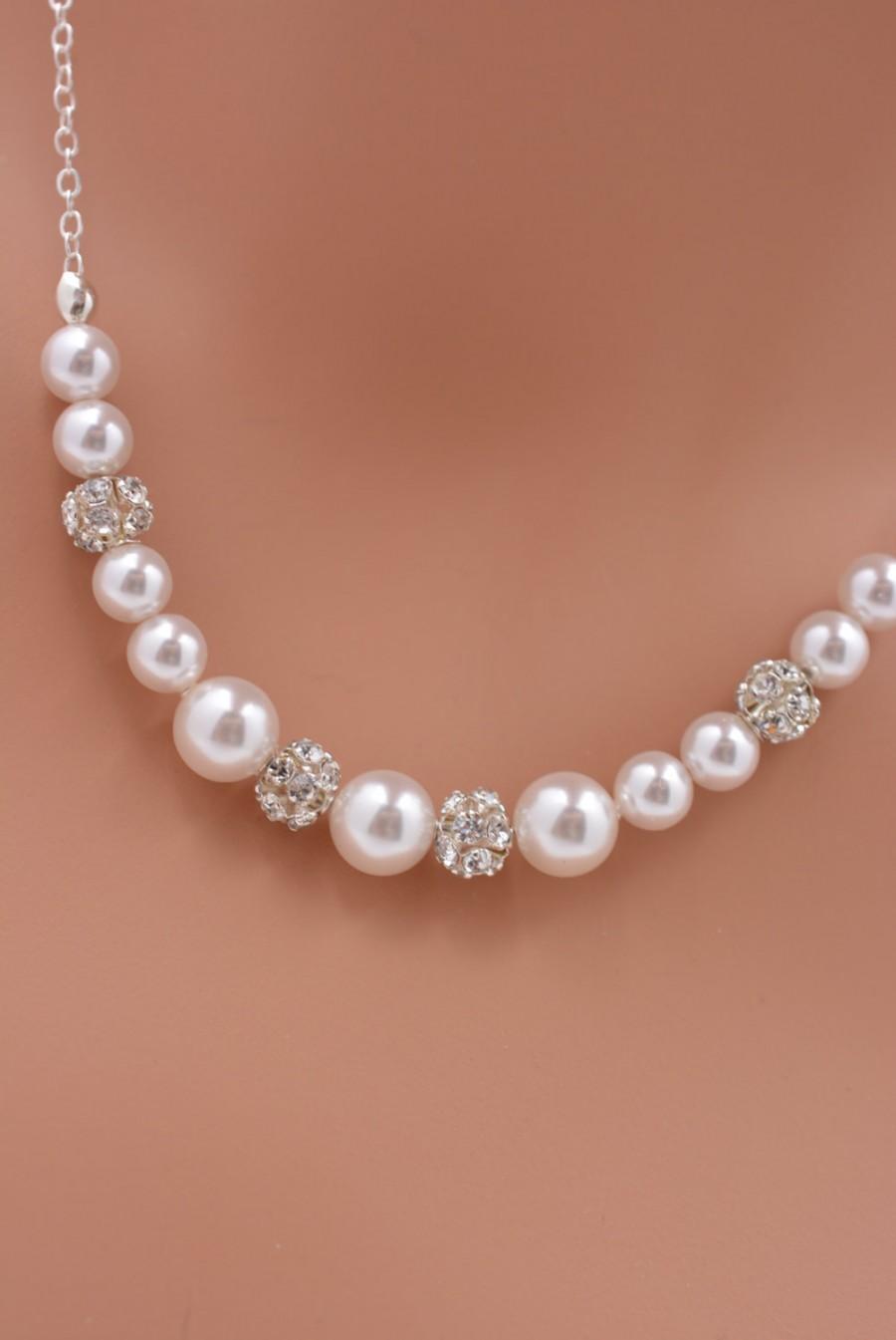 زفاف - Set of 6 Pearl and Rhinestone Necklaces, 6 Bridesmaid Silver Necklaces, Ivory White Pearl Necklaces, Pearl Strand and Crystal Necklace 0232