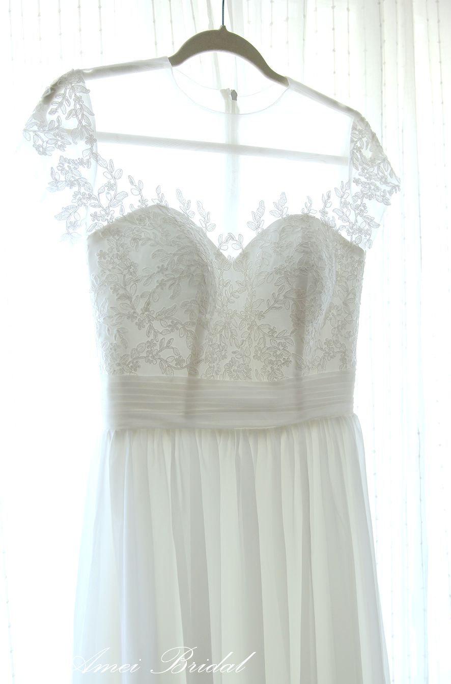زفاف - Custom Made Simple White Lace Wedding Dress with Small Cap Sleeves Great for Beach Boho Wedding - AM4048025