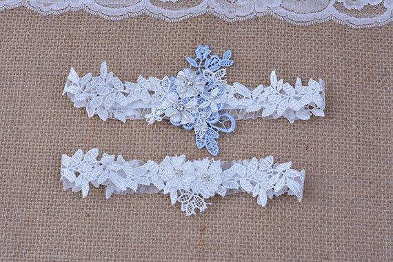 Hochzeit - bridal garter set, wedding garter set, white lace garter, something blue garter, garter with blue, flower lace garter, bride toss garter