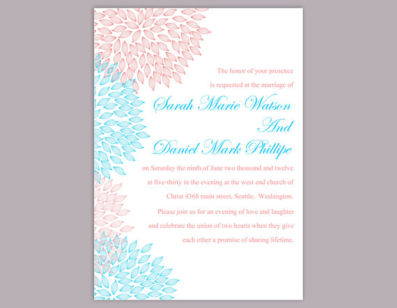 Wedding - DIY Wedding Invitation Template Editable Word File Instant Download Printable Floral Invitation Pink Wedding Invitation Blue Invitations