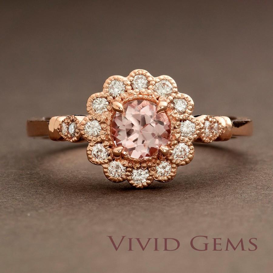 زفاف - Morganite Rose Gold Ring, Flower Engagement Ring, 14k rose gold, lady's ring, Natural Morganite and Diamonds, Daisy Ring , Halo ring
