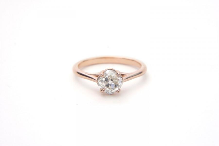 Wedding - Old mine cut diamond engagement ring, 14k rose gold lattice claw prong setting, cushion cut heirloom or modern ecofriendly raw diamond
