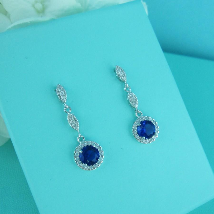 Hochzeit - Bridal earrings, blue cubic zirconia earrings, wedding jewelry, bridal jewelry, wedding earrings, bridal earrings, sapphire 228528693
