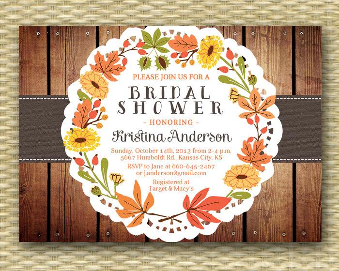 Wedding - Rustic Fall Bridal Shower Invitation Rustic Wood Fall Leaves Leaf Wreath Wedding Shower Couples Shower, ANY EVENT