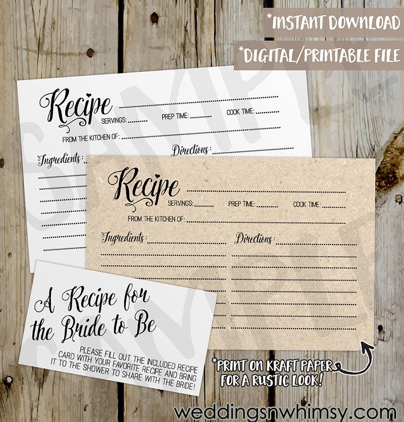 Свадьба - PRINTABLE Classic / Rustic Bridal Shower Recipe Card -  DIY Instant Download Recipe Card Digital File - Shower Invitation Enclosure Kraft