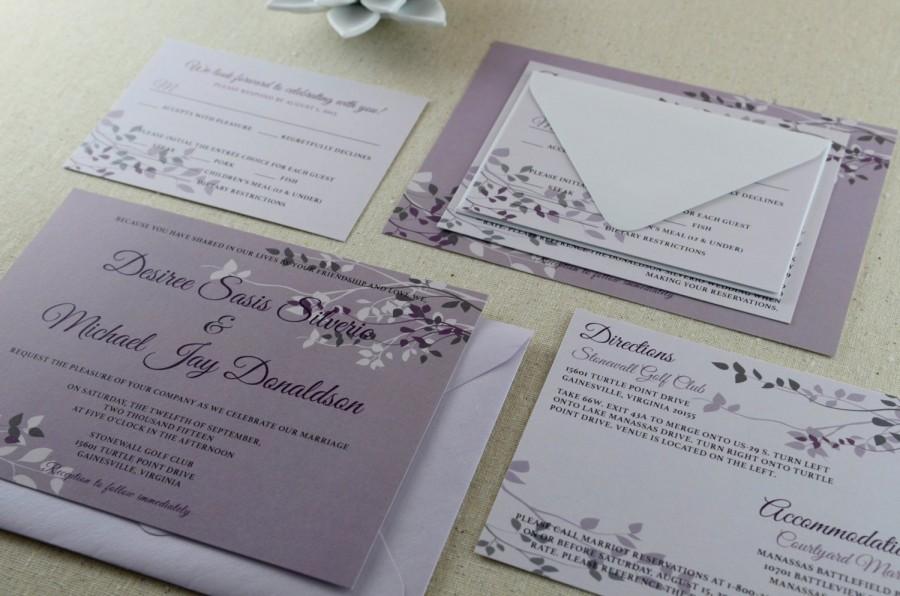Mariage - Modern Romantic Wedding Invitation, Soft Leaves, Purple and Gray, White and Purple