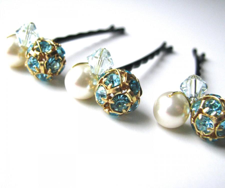 Wedding - Crystal Hair Pin Clusters, Aqua Blue Rhinestones with Ivory Pearl Wedding Bobby Pins, Something Blue