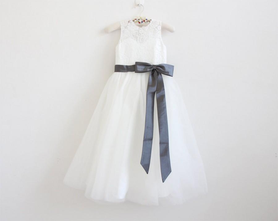 Mariage - Ivory Flower Girl Dress Dark Grey Baby Girls Dress Lace Tulle Flower Girl Dress With Dark Grey Sash/Bows Sleeveless Floor-length