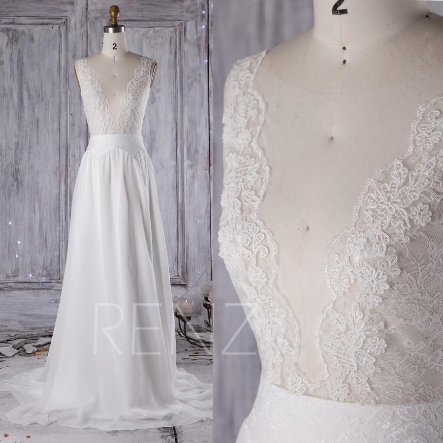 زفاف - 2016 Off White Lace Bridesmaid Dress with Train, A Line Chiffon Wedding Dress, V Back Prom Dress, Ball Gown with Bead Floor Length (LW196)