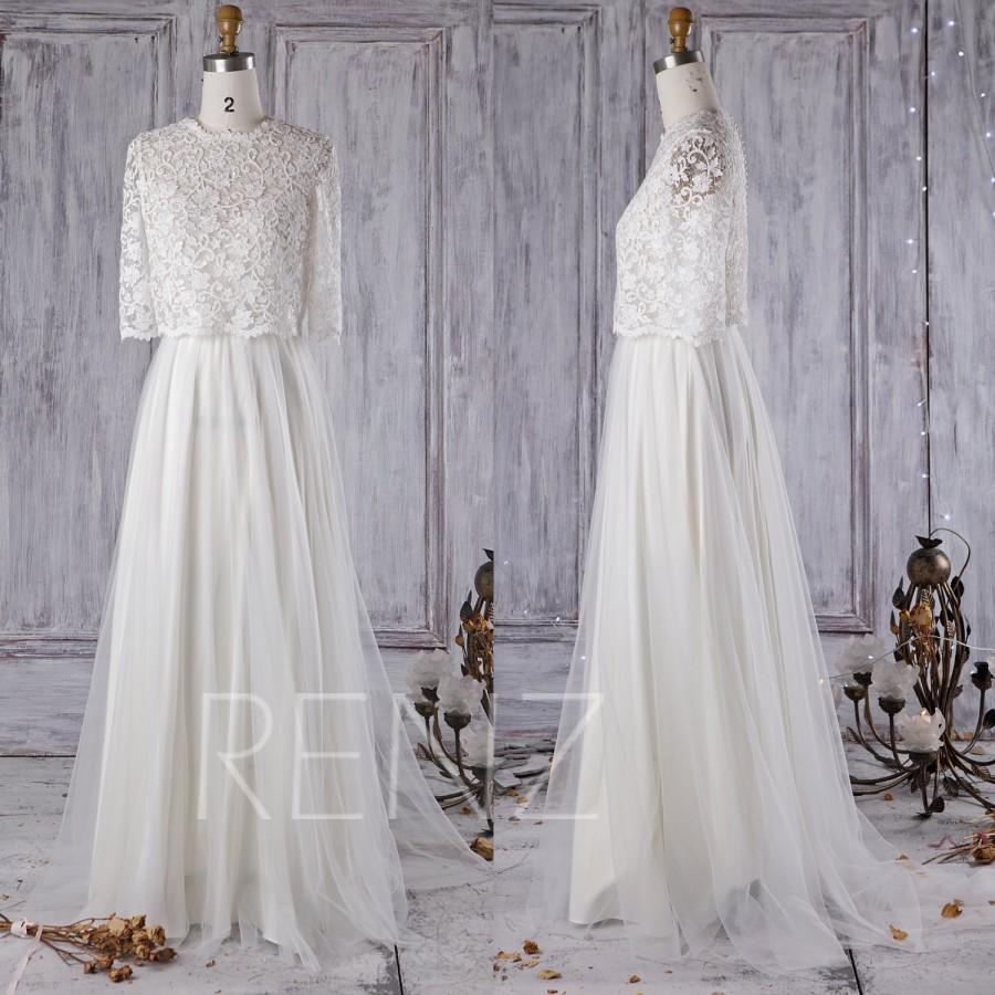 Wedding - 2016 Off White Mesh Bridesmaid Dress with Long Sleeves, Lace Bodice Wedding Dress Pearl Back, A Line Bride Dress, Ball Gown Floor (LW186)
