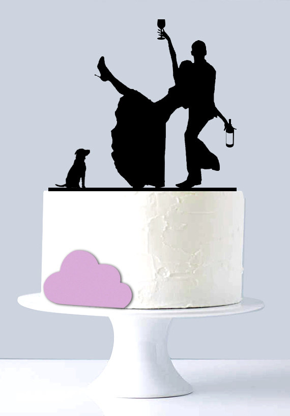 Wedding - Funny wedding cake topper, Drunk Couple Acrylic Silhouette with Dog A1002