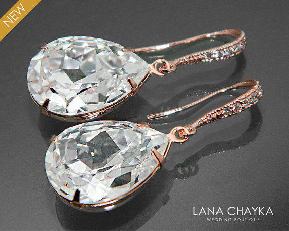 Mariage - Rose Gold Crystal Bridal Earrings Swarovski Crystal Rhinestone Earrings Wedding Rose Gold Teardrop Earring Bridal Bridesmaid Crystal Jewelry