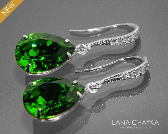 Hochzeit - Dark Moss Green Crystal Earrings Swarovski Green Rhinestone Earrings Green Teardrop Bridesmaid Earrings Dark Green Silver Wedding Jewelry