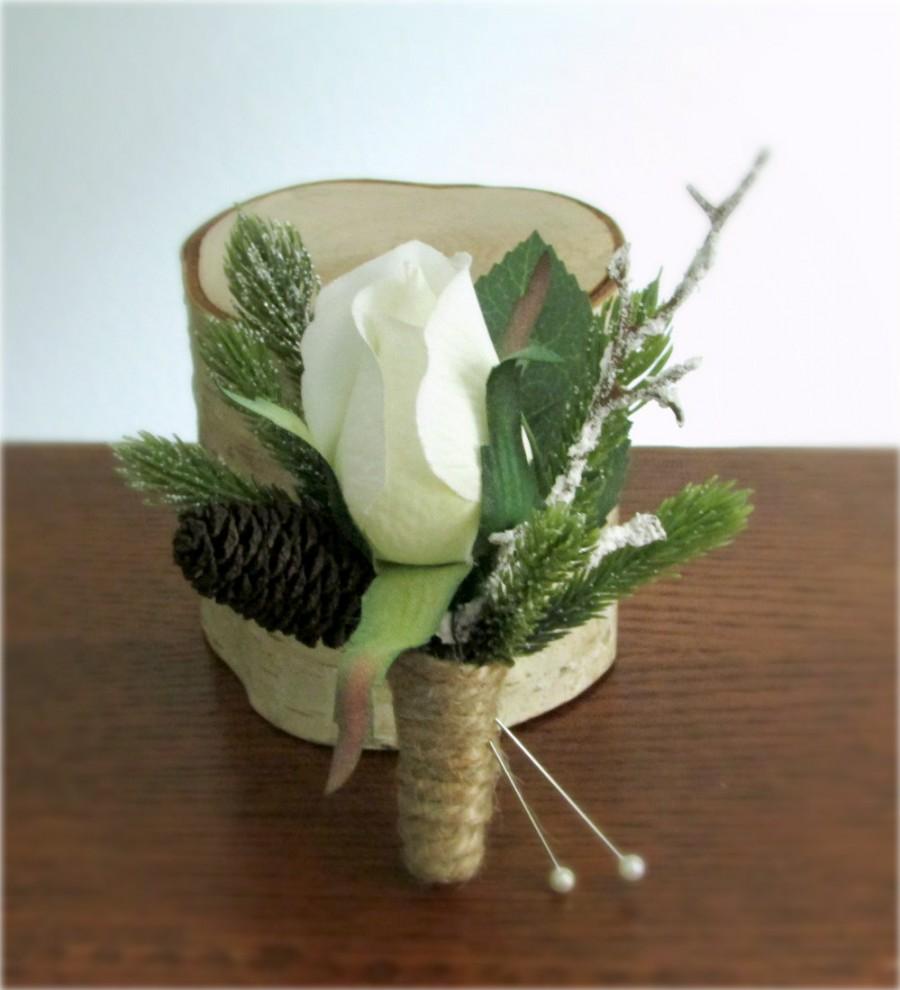Mariage - Rustic Winter Boutonnieres, White Rose, Pine, Frosted Branch, Mini Pine Cone, and Twine Wrap, Winter Wedding, "Snow Blossom"