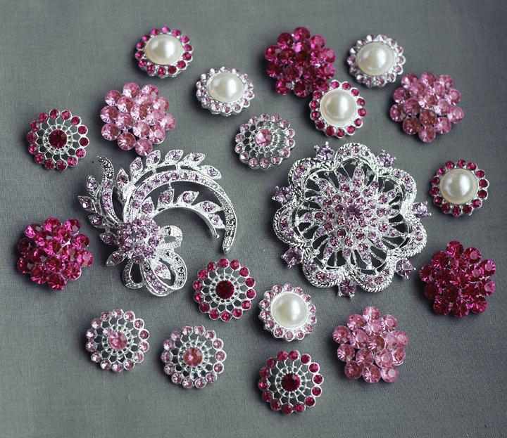 Mariage - 20 Pink Rhinestone Button Brooch Assorted Embellishment Pearl Crystal Brooch Bouquet Supply Light Rose Fuchsia Hot Pink BT149