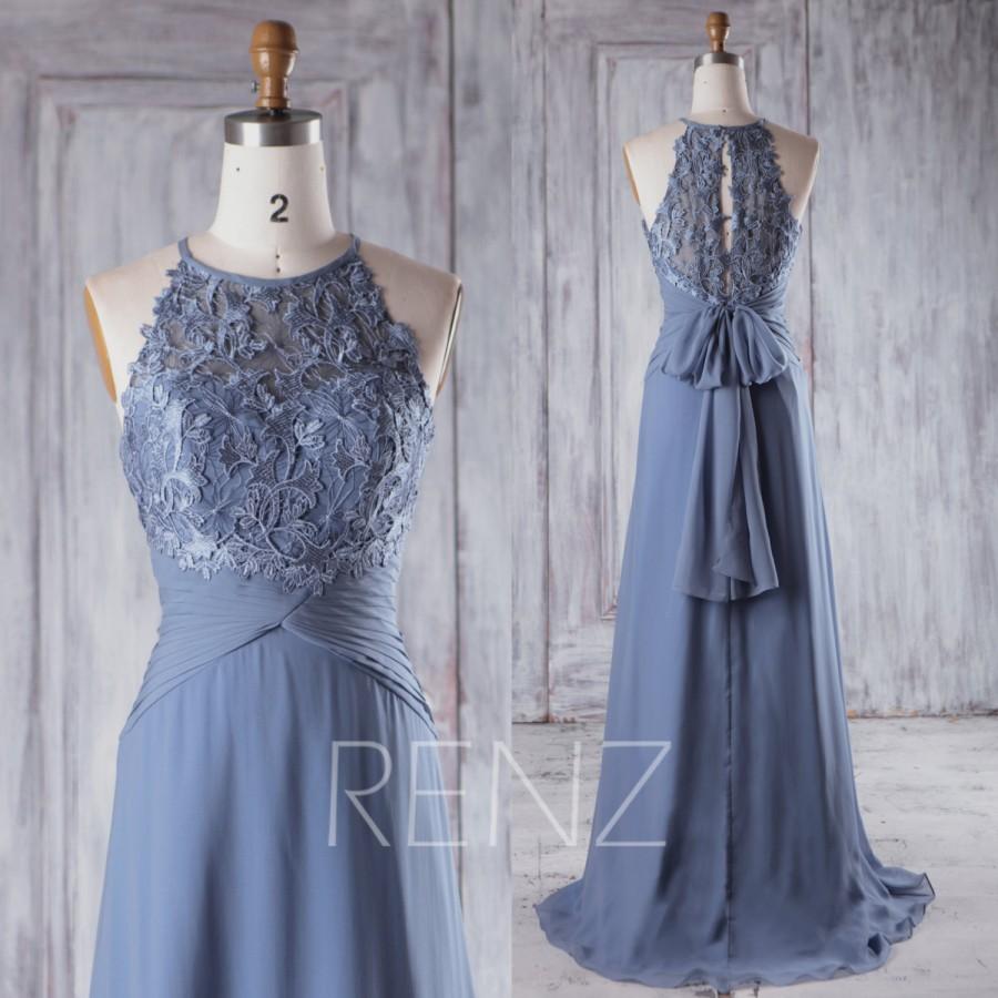 Mariage - 2016 Steel Blue Chiffon Bridesmaid Dress, Sweetheart Illusion Wedding Dress, Bow Back Prom Dress, Lace Evening Gown Floor Length (H360)