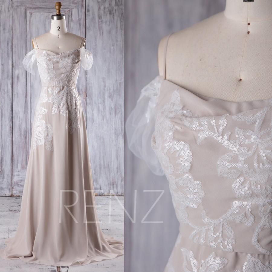 Mariage - 2016 Cream Chiffon Bridesmaid Dress, Off Shoulder Sequin Wedding Dress, Spaghetti Straps Prom Dress, Evening Gown Floor Length (L217)