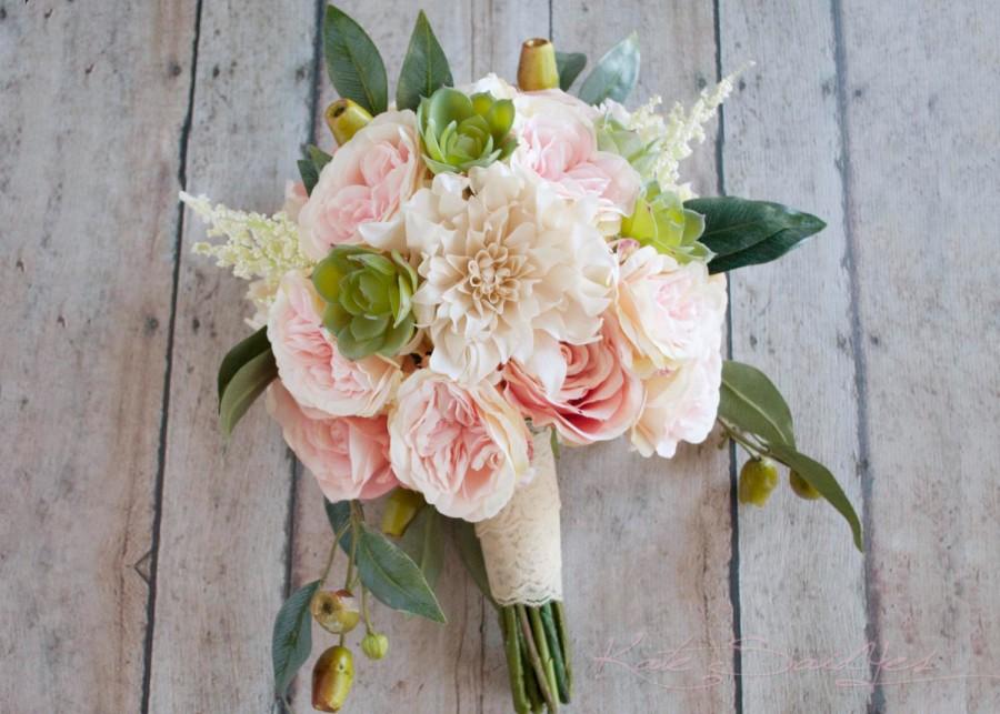 Hochzeit - Boho Garden Rose and Dahlia Succulent Wedding Bouquet - Silk Bridal Bouquet