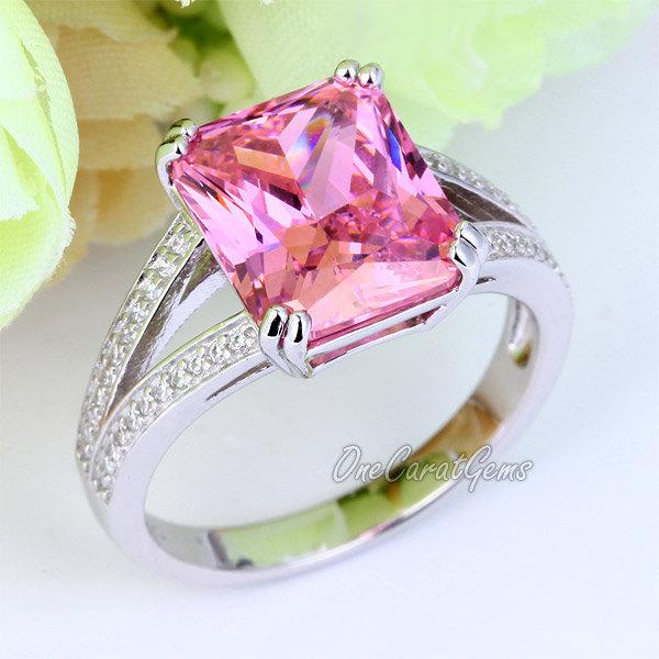 Свадьба - Pink 6 Ct Radiant Cut Lab Made Diamond Engagement Ring 925 Sterling Silver Wedding Bridal