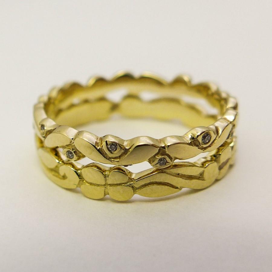 Wedding - Stacking wedding rings set for women, 14 karat solid gold and diamonds stack ring, Floral wedding ring set,Gold  engagement wedding bands