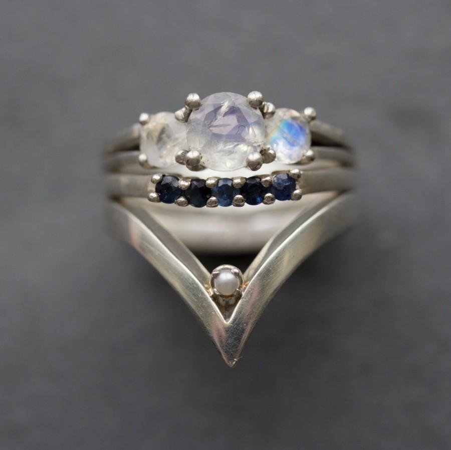 Hochzeit - Llyr, Venus, and Ondine Ceremonial Ring Suite in Sterling, Moonstone, Sapphire, and Pearl