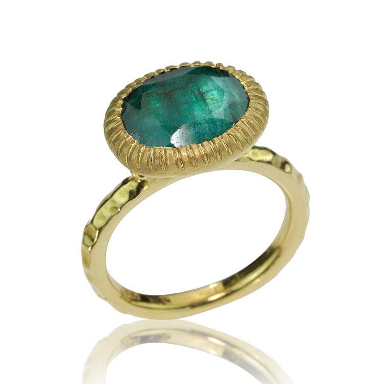 Wedding - May Birthstone Ring, 14k Gold Emerald Ring, Antique Style Ring, Green Emerald, Oval Cut Emerald, Hammered Engagement Ring, Genuine Emerald