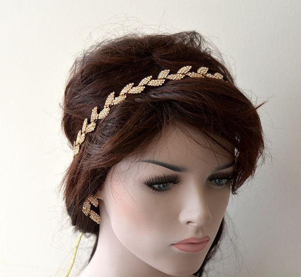 زفاف - Bridal Hair Accessory, Rhinestone headband, Wedding hair Accessory, Leaf Motif With Ribbons, Gold  Color Rhinestone