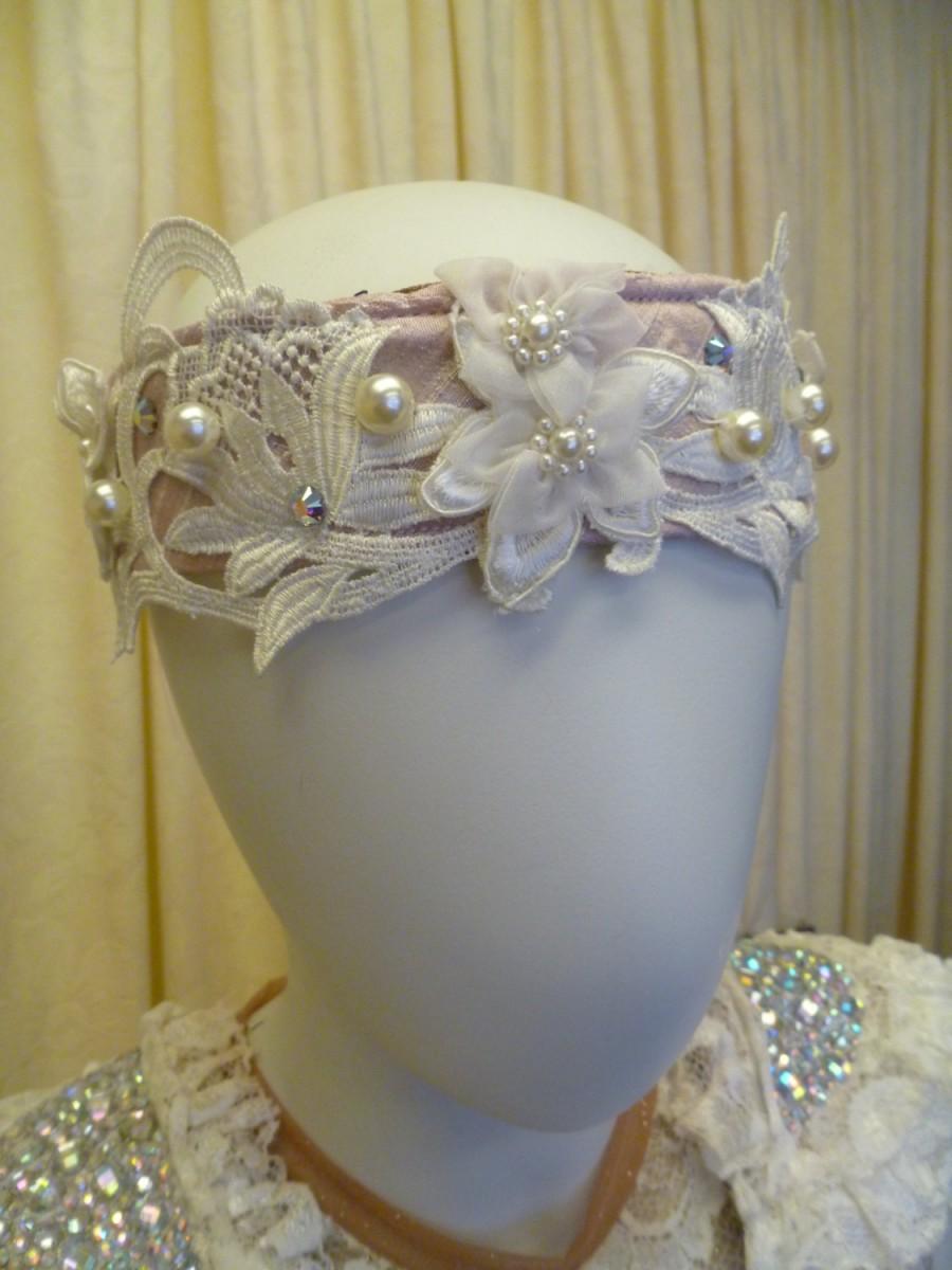 زفاف - Flapper Bridal Headdress in Ivory Lace and Pink Silk