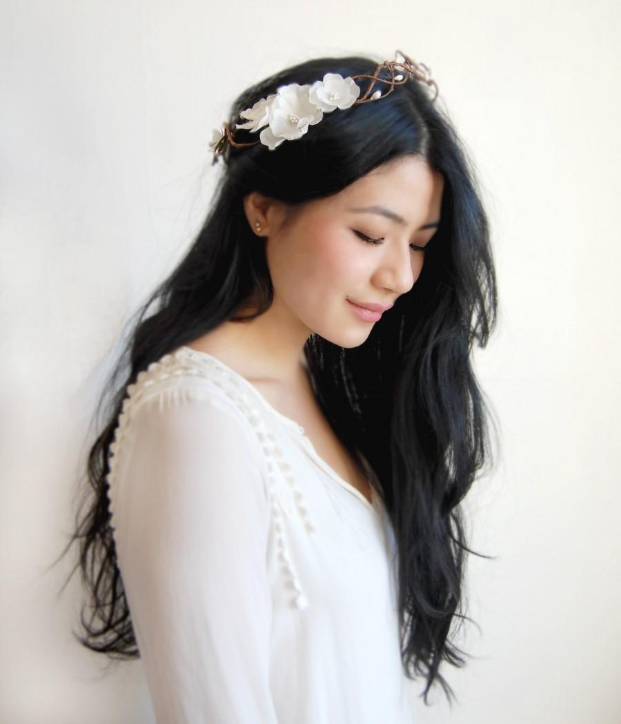 Wedding - Bridal Floral Crown, White Flower Bridal Hairpiece, Woodland Flower Crown Off White Silk