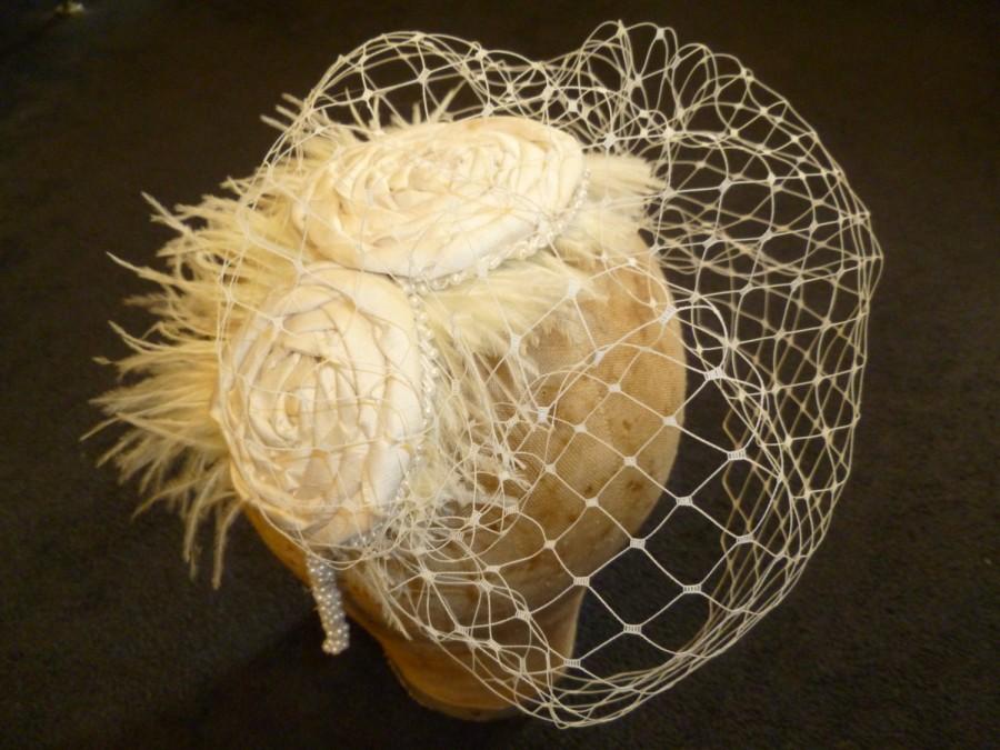 زفاف - Shabby Chic Wedding Silk Rose Tulle Ivory Birdcage Veil