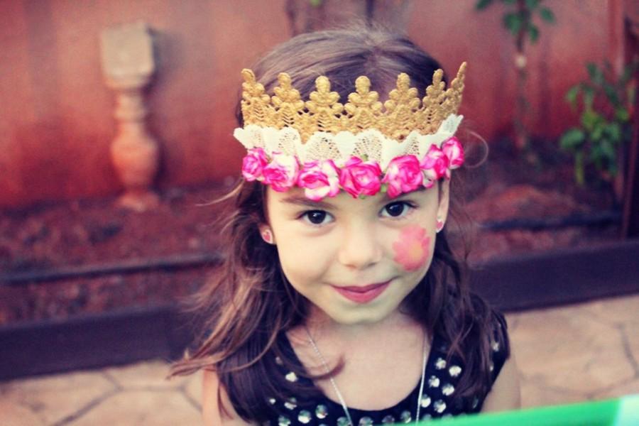زفاف - ANDRIA - Woodland Crown Gold Headpiece, Lace crown headband, suede tieback headband, photo prop, birthday crown Whimsical flower band halo