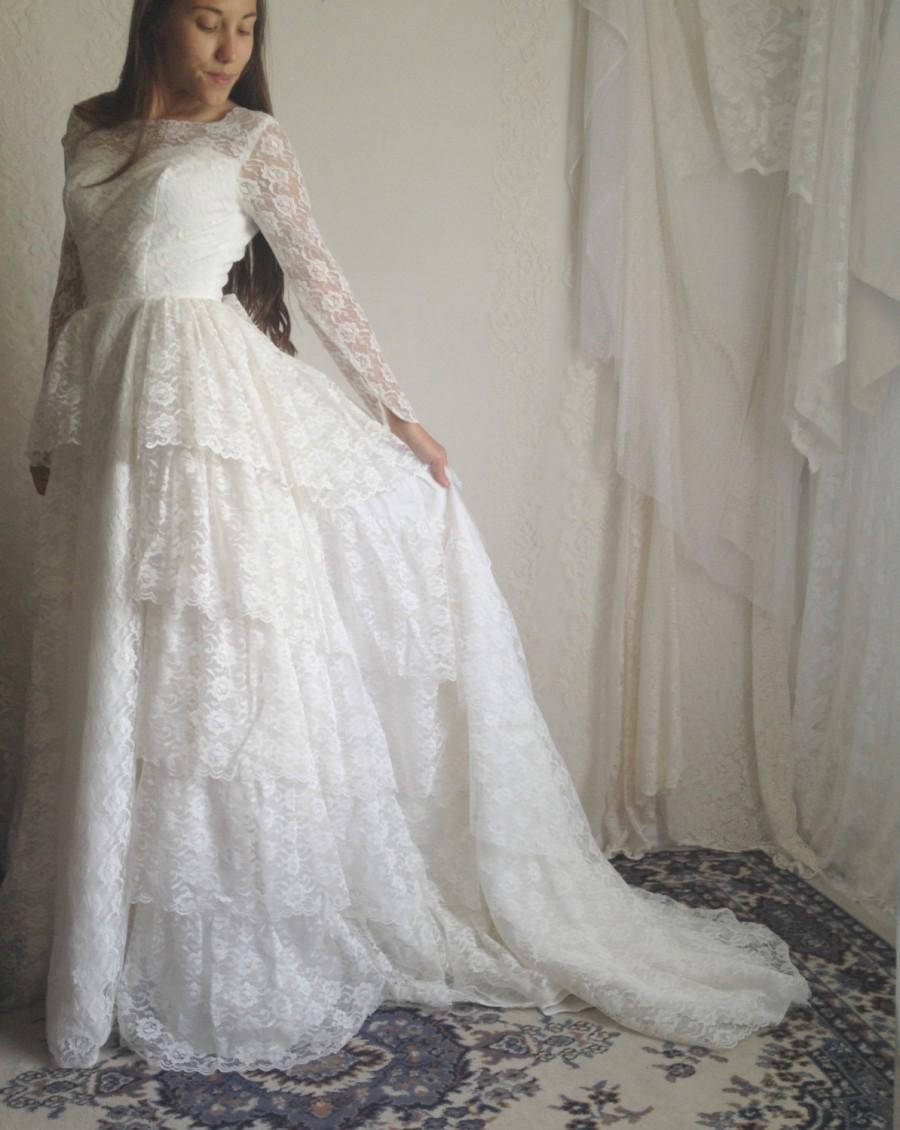 Wedding - 60s Lace Ruffle Wedding Dress // 50s Vintage White Long Sleeve Poofy Puffy Bow Bridal Gown // Size: S