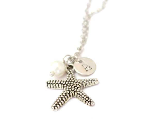 Wedding - Personalized Starfish Necklaces, Starfish Necklaces, Bridal Gift, Bridesmaid Necklaces, Starfish And Pearl Necklaces, Beach Wedding
