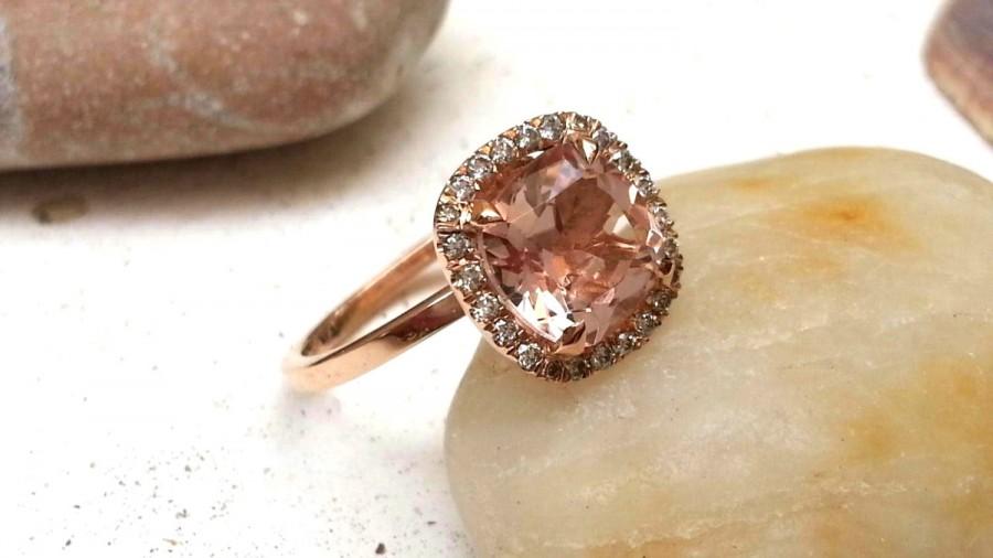 Mariage - Unique Vintage Style Morganite Engagement Ring in Gold Diamond Wedding Band fine jewelry Halo diamond ring Gemstone Unusual engagement ring
